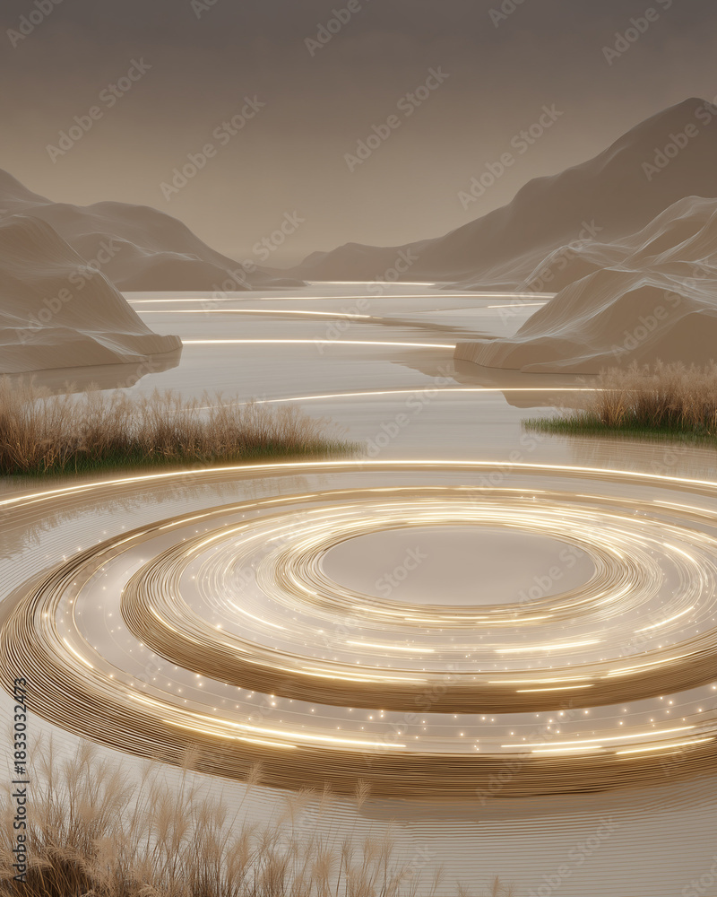 Fototapeta premium Luminous Rings by the Lake: A mesmerizing scene unfolds as concentric, glowing rings emerge from the serene waters, reflecting the subtle hues of the mountainous landscape.