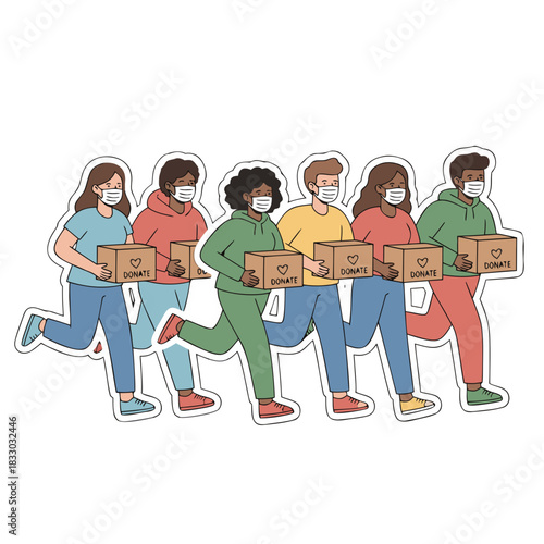 Diverse Group Of People Running With Donation Boxes Wearing Face Masks In A Bright Outdoor Setting Demonstrating Community Support And Charity Work