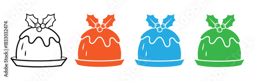 A christmas pudding dessert with cream topping and holly, a traditional and delicious icon for holiday feasts and treats.