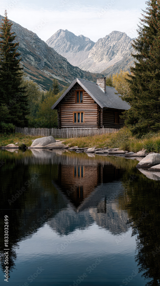 Fototapeta premium Rustic log cabin nestled among pine tree, mountain landscape, tranquil lake reflection, serene nature scene
