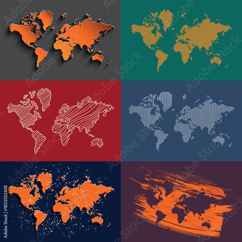 A collection of political maps of the world. A dotted world map, linear, paper, in the form of bright blobs. Countries. A set of outline maps in orange and gray.