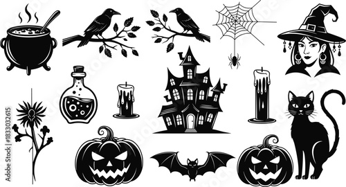 Spooky Halloween Black Silhouette Icon Set, Scary Symbols Collection with Witch, Haunted House, Jack O'Lantern, Cat, and Crow, Holiday Elements Vector Illustration Pack, Horror Festival Design.