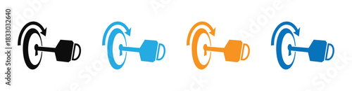 Unlock workout motivation with rotating dumbbell graphic icons set. The key opens the lock, linear icon. Access is open. Line with editable stroke. 