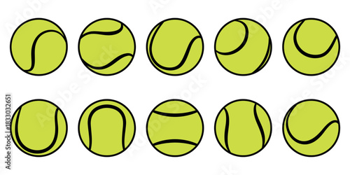Set of different tennis balls in yellow and black colours. Flat vector illustration isolated on a white background.	