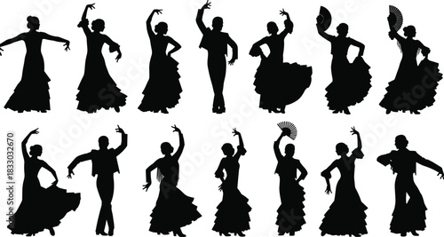 Spanish Flamenco Dancers Silhouette Collection, Set of Male and Female Performers in Dynamic Poses, Traditional Andalusian Folk Dance Vector Graphics for Cultural Events
