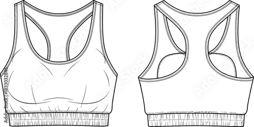 Sports bra fashion flat sketch CAD drawing, featuring a scoop neckline, racerback style, and wide elasticated rib band hem, vector template.