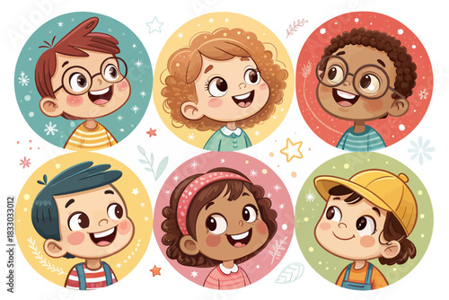 Happy kids avatars. Cute children smiling, boy girl in rounds vector set. Illustration girl and boy avatar, happy kids, child happiness