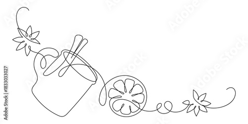 Mug of mulled wine. Gluhwein. Tea with spices. Continuous line drawing.