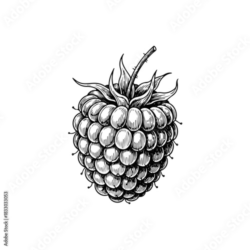 Black and white raspberry illustration isolated on transparent background