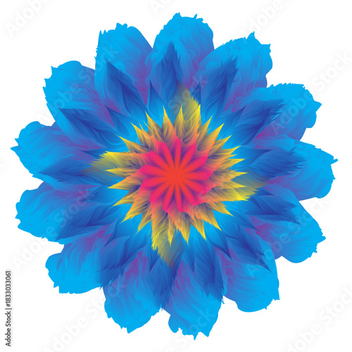A vibrant blue flower with a yellow and red center, isolated on, showcasing intricate petal details and a captivating radial symmetry in its design