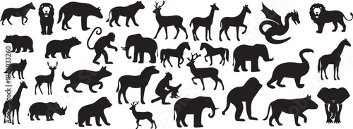 Diverse African wildlife silhouettes giraffe lion.