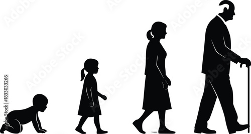 Stages of human life and aging process from baby crawling to child, adult woman, and elderly man with cane, black isolated vector silhouette illustration set.