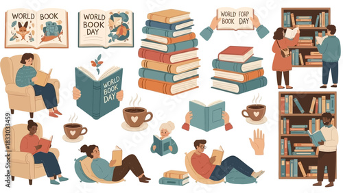 Big creative set illustrations for World Book Day. Collection cute cozy clip art with books, stack of book, people reading books, coffee cup, hands. Book lover concept.