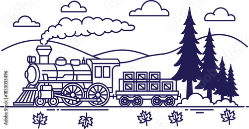 Steam train locomotive pulling cargo car through nature landscape with pine trees and autumn leaves, line art vector illustration for coloring.