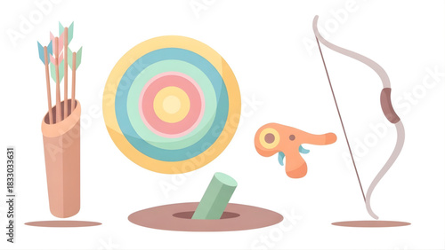 A colorful vector set of archery and shooting equipment, including a bow, arrows in a quiver, and a target, representing hobbies and skill-based recreation