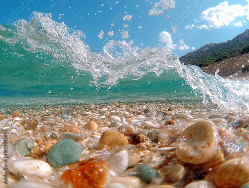 Fototapeta Naklejka Na Ścianę i Meble -  A close-up shot of a wave crashing over colorful pebbles on a beach. The clear water and blue sky create a sunny, refreshing scene.