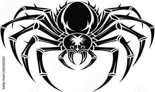 Stylized black tribal spider vector illustration featuring sharp fangs and legs, isolated silhouette arachnid design perfect for tattoo art, logos, or spooky Halloween decor.