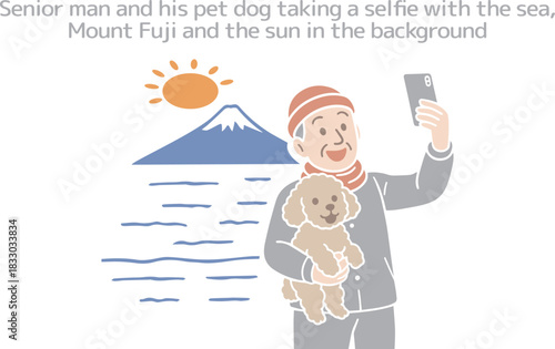富士山の見える海岸で初日の出を見に来たシニア男性とペットの犬が自撮りをしている。