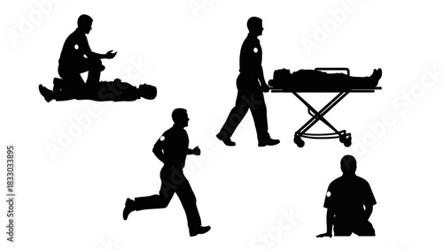 Paramedic Silhouette Vector Set — Providing Care, Kneeling Check, Lifting Stretcher, Running, Resting Pose, Emergency Medical Worker Illustration

