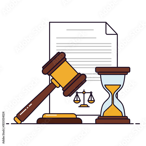 Legal Justice concept with Gavel Scales Document and Hourglass