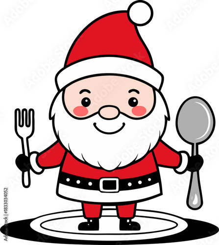 A small, cute Santa Clauses on the table, holding a big spoon, behind a large plate, wishing everyone a Merry Christmas. Black outline with flat colors, minimalist style stock illustration silhouette 