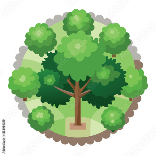 A cartoon-style green tree with a round, fluffy canopy and a brown trunk, illustrated in a bright, clean, and cheerful style