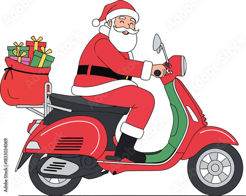 Santa Claus riding a red scooter with a bag full of Christmas presents moped