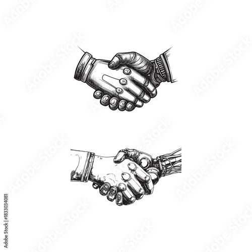illustrations showing a human hand shaking hands with a robot or cyborg mechanical hand. Depicted in a vintage engraving style