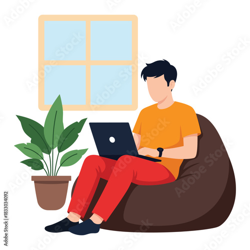 Remote Worker on Bean Bag Chair Using Laptop Work From Home Concept