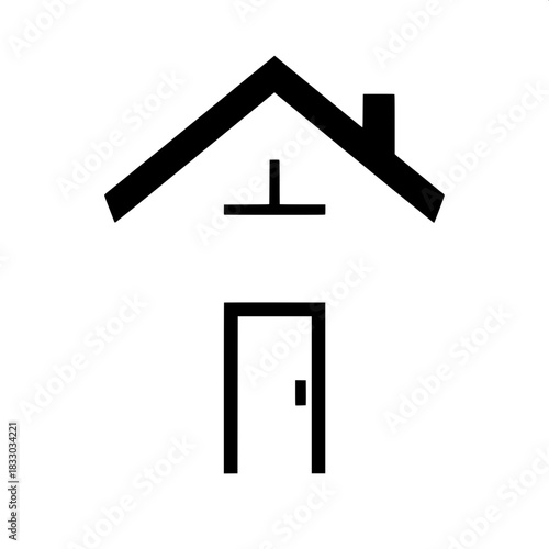 Modern logo-style house graphic, rendered in a purely black and white color scheme, featuring a sharply pitched roof with clean lines, minimalist window shapes as simple rectangles, and a basic door s