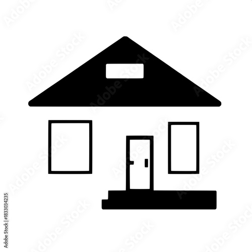 Modern logo-style house graphic, rendered in a purely black and white color scheme, featuring a sharply pitched roof with clean lines, minimalist window shapes as simple rectangles, and a basic door s