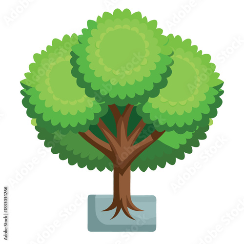A cartoon-style green tree with a round, fluffy canopy and a brown trunk, illustrated in a bright, clean, and cheerful style