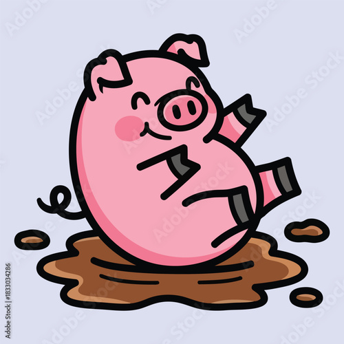 Cute Pig Rolling in Mud Happy Cartoon Vector Illustration
