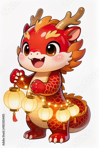 Cute chibi Chinese lantern dragon holding glowing lantern chain, excited joyful face, glossy figurine aesthetic, isolated on pure white background