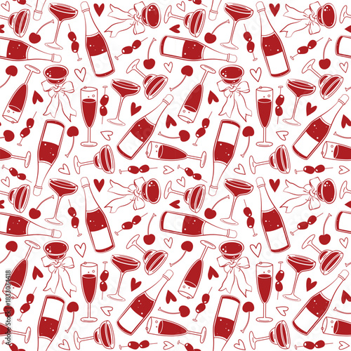 Hand-drawn seamless pattern with New Year party elements such as champagne bottle and glass, bows and hearts