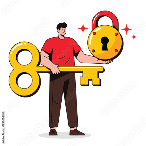 Man Holding Key and Lock Solution Access Security Concept