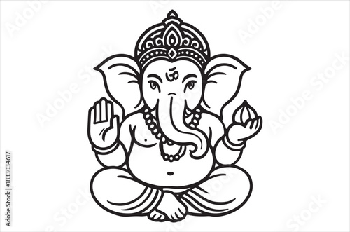 A detailed black and white illustration of lord ganesha in a seated pose