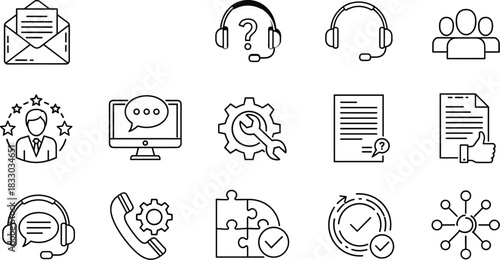 Customer service icons, technical support symbols, communication tools, help desk graphics, online chat, teamwork, feedback, maintenance, approval, connectivity