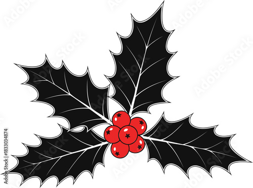 Stylized Black Holly Leaves with Red Berries Illustration christmas winter