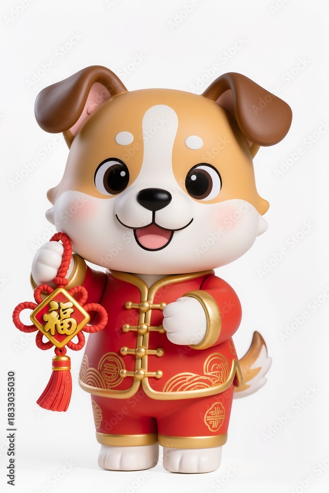 Naklejka premium Cute chibi zodiac dog in red festival clothing, holding lucky charm knot, happy expression, glossy toy figurine aesthetic, isolated on pure white background