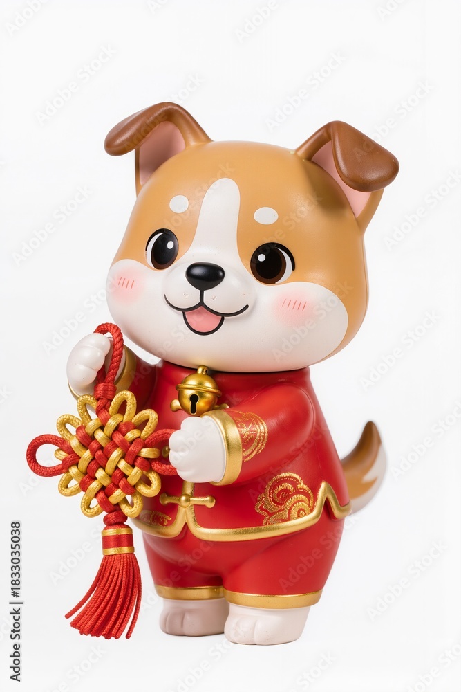 Naklejka premium Cute chibi zodiac dog in red festival clothing, holding lucky charm knot, happy expression, glossy toy figurine aesthetic, isolated on pure white background