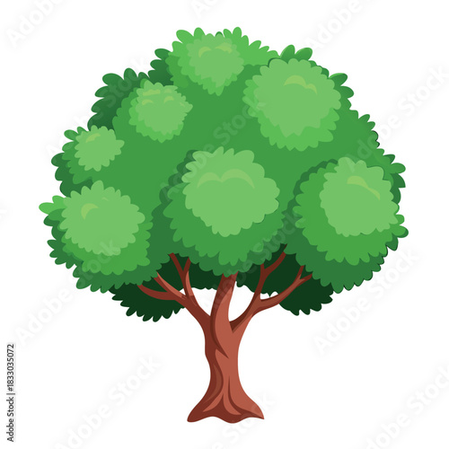 A cartoon-style green tree with a round, fluffy canopy and a brown trunk, illustrated in a bright, clean, and cheerful style
