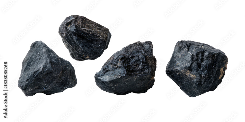 Obraz premium Four irregularly shaped dark grey rocks appear against a black background. Detailed, textured, close-up view