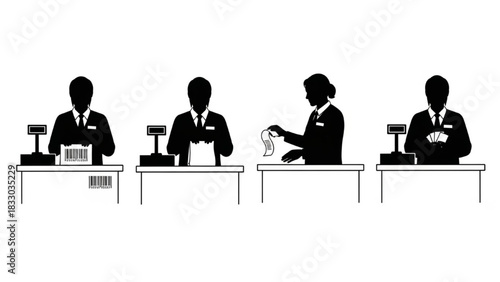 Cashier Silhouette Vector Set — Scanning Items, Packing Bag, Giving Receipt, Counting Money, Retail Worker Illustration

