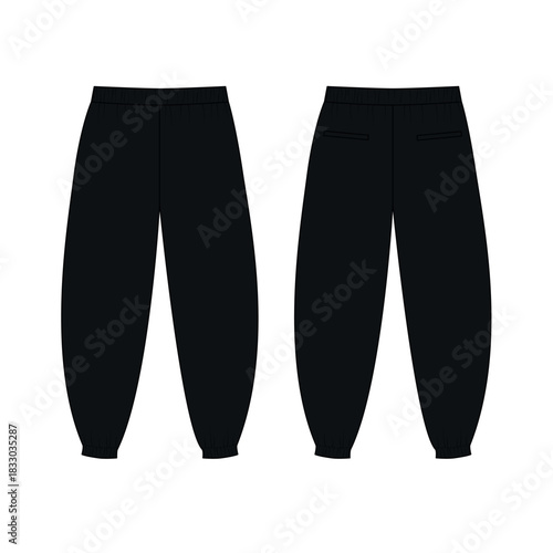 Vector sketch of black wide-leg pants with elastic waistbands, front and back views. Mockup of a trendy Aladdin pants template. Template for loose-fitting jogger sweatpants.