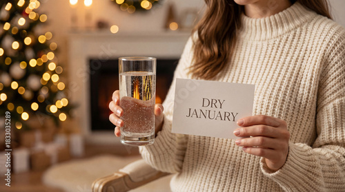 Woman in a cozy knitted sweater holding a glass of sparkling water and a Dry January card. Celebrated during January to abstain from alcohol.