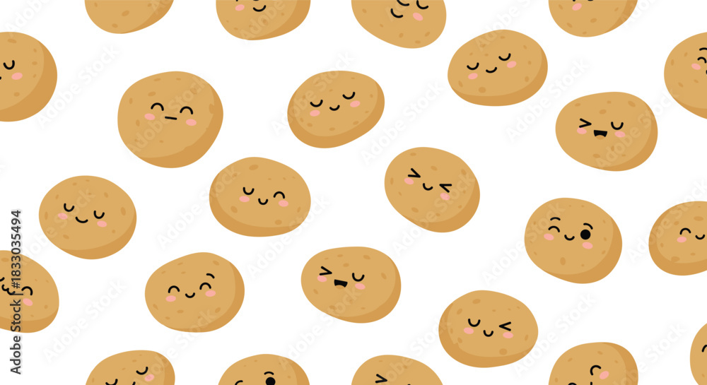 Fototapeta premium Fun seamless pattern of cute kawaii potato characters with a variety of happy and funny facial expressions on a white background. This charming vegetable-themed design is perfect for food packaging.