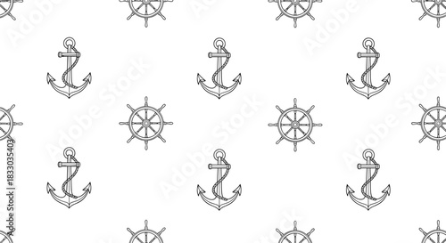 Classic seamless pattern featuring hand-drawn anchors and ship steering wheels, evoking a vintage nautical and maritime theme.