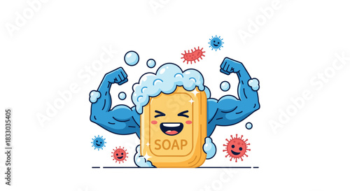 Powerful cartoon soap bar with muscular arms, covered in foam, effectively fighting off red virus germs and bacteria.