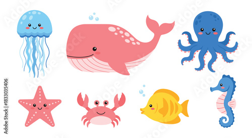 Adorable collection of eight cute cartoon sea creatures, including a whale, octopus, jellyfish, and starfish, on a white background.